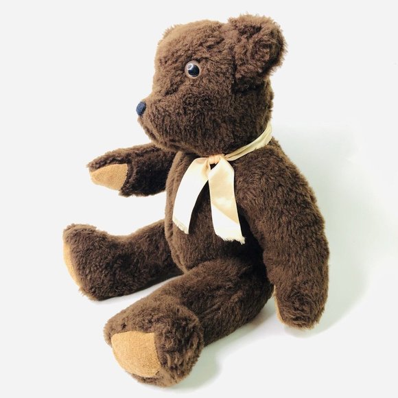 Vintage Dark Brown Teddy Bear 15" Jointed Retired Plush Toy Ribbon Bow Tie - Picture 3 of 6